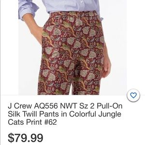 J Crew AQ556 NWT Sz 2 Pull-On Silk Twill Pants